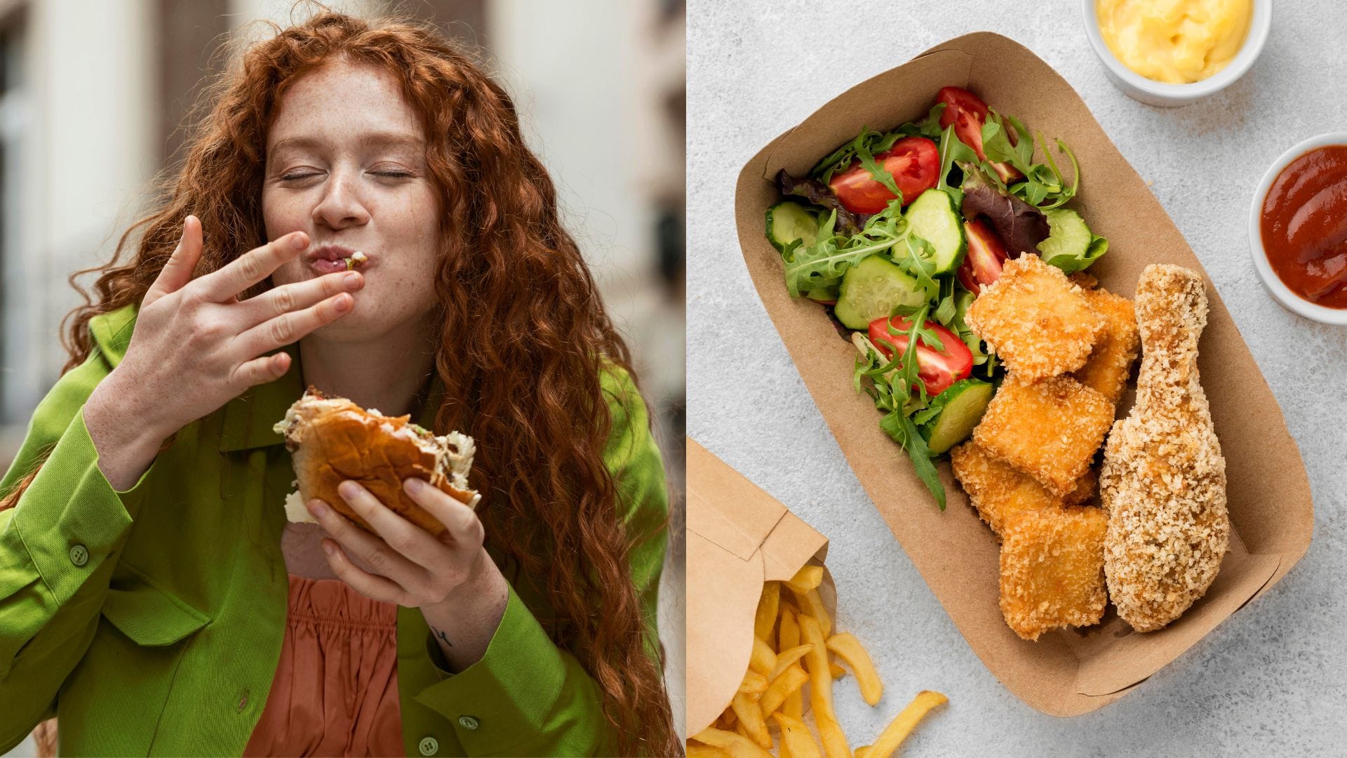 žena je, zelenina, nuggetky, hranolky