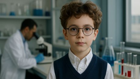 dieťa s vysokým IQ, muž v laboratóriu