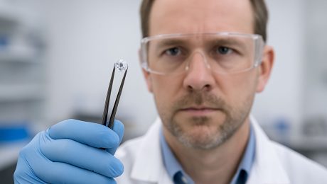 Vedec drží v ruke pinzetu s malým diamantom