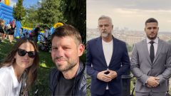 Na snímke predseda PS Michal Šimečka s partnerkou Soňou Ferienčíkovou a poslanci Smeru Tibor Gašpar a Richard Glück.