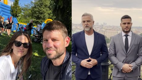 Na snímke predseda PS Michal Šimečka s partnerkou Soňou Ferienčíkovou a poslanci Smeru Tibor Gašpar a Richard Glück.