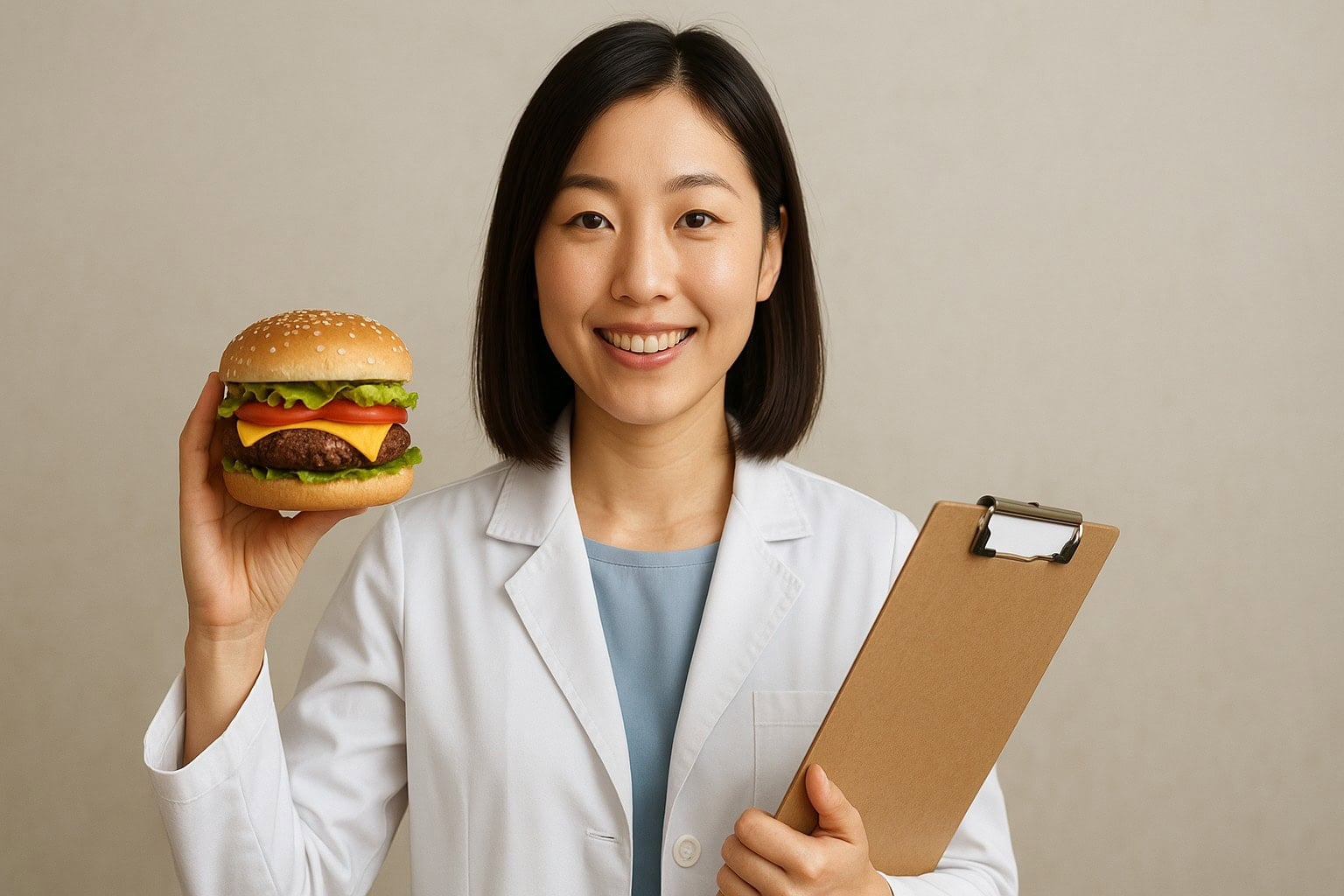 Nutričná poradkyňa s hamburgerom v ruke