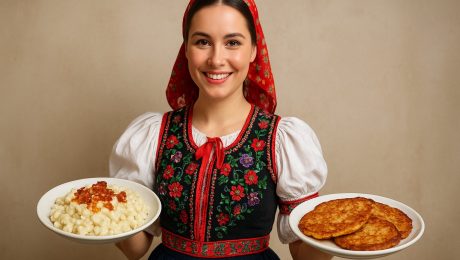 žena v kroji s haluškami a plackami v ruke