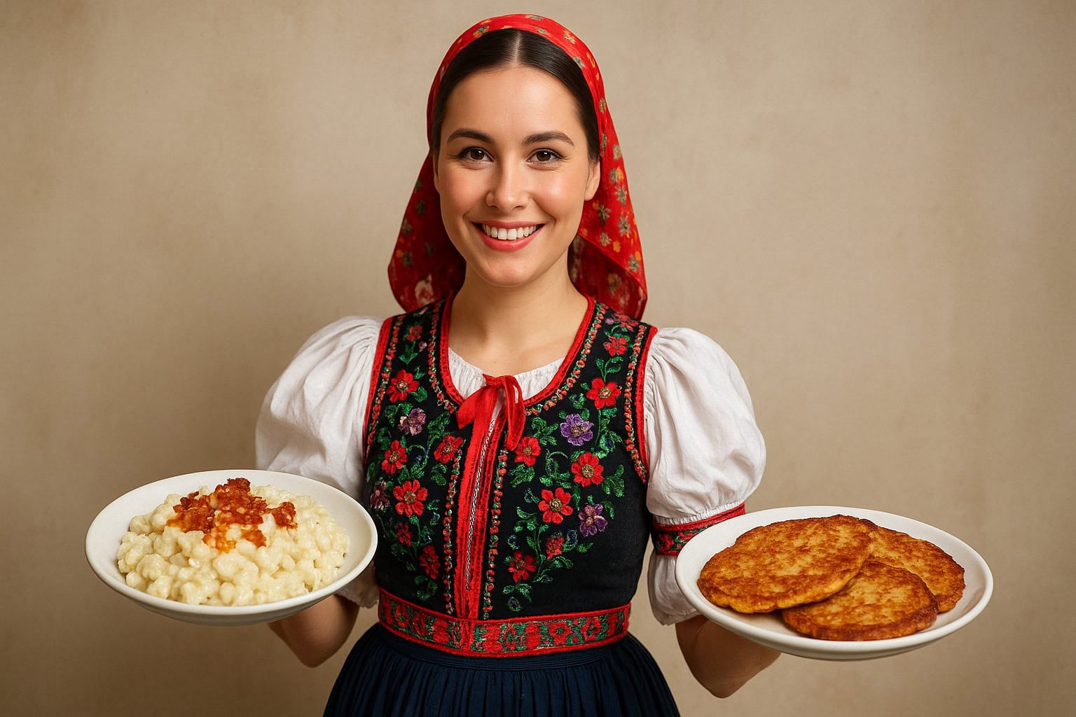 žena v kroji s haluškami a plackami v ruke