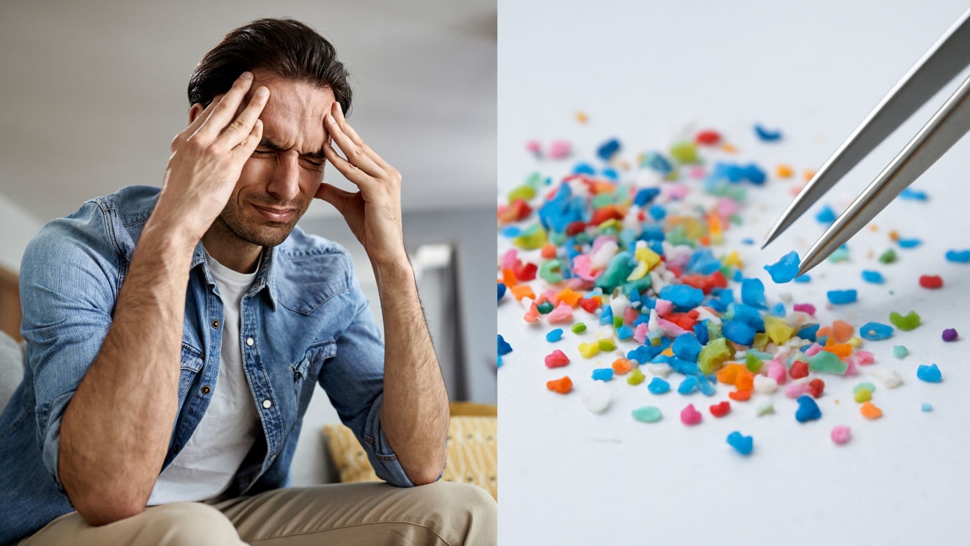 Muž sa chytá od bolesti za hlavu, mikroplasty na stole a pipeta