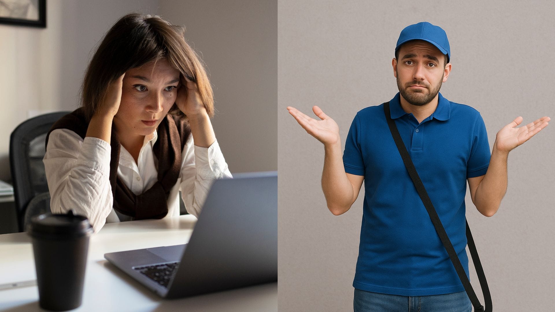 Nešťastná žena za notebookom, doručovateľ krčí plecami