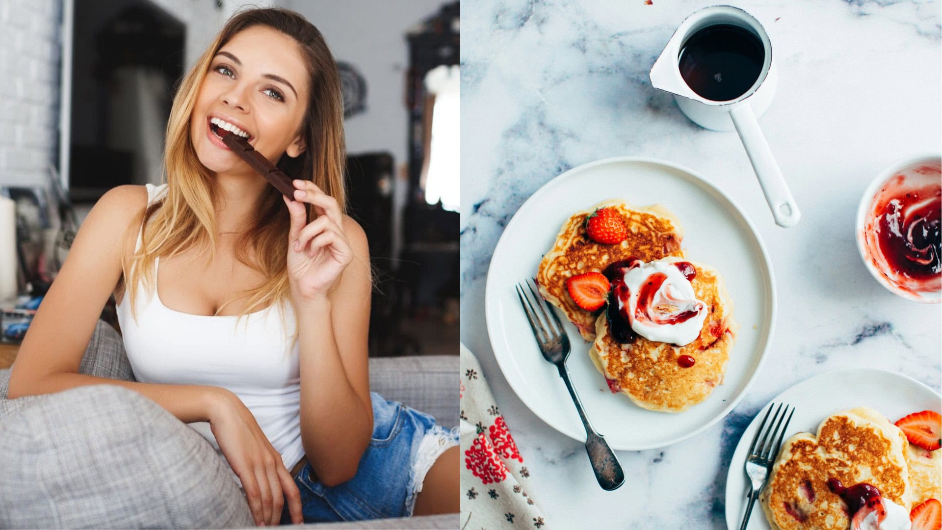 Žena konzumuje tmavú čokoládu a lievance