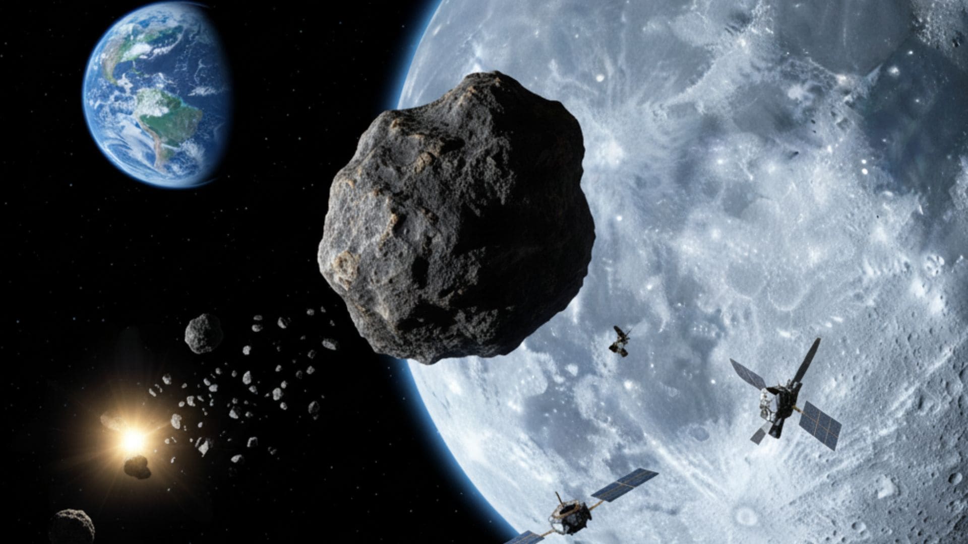 Na snímke vizualizácia Zeme, asteroidu a Mesiaca.