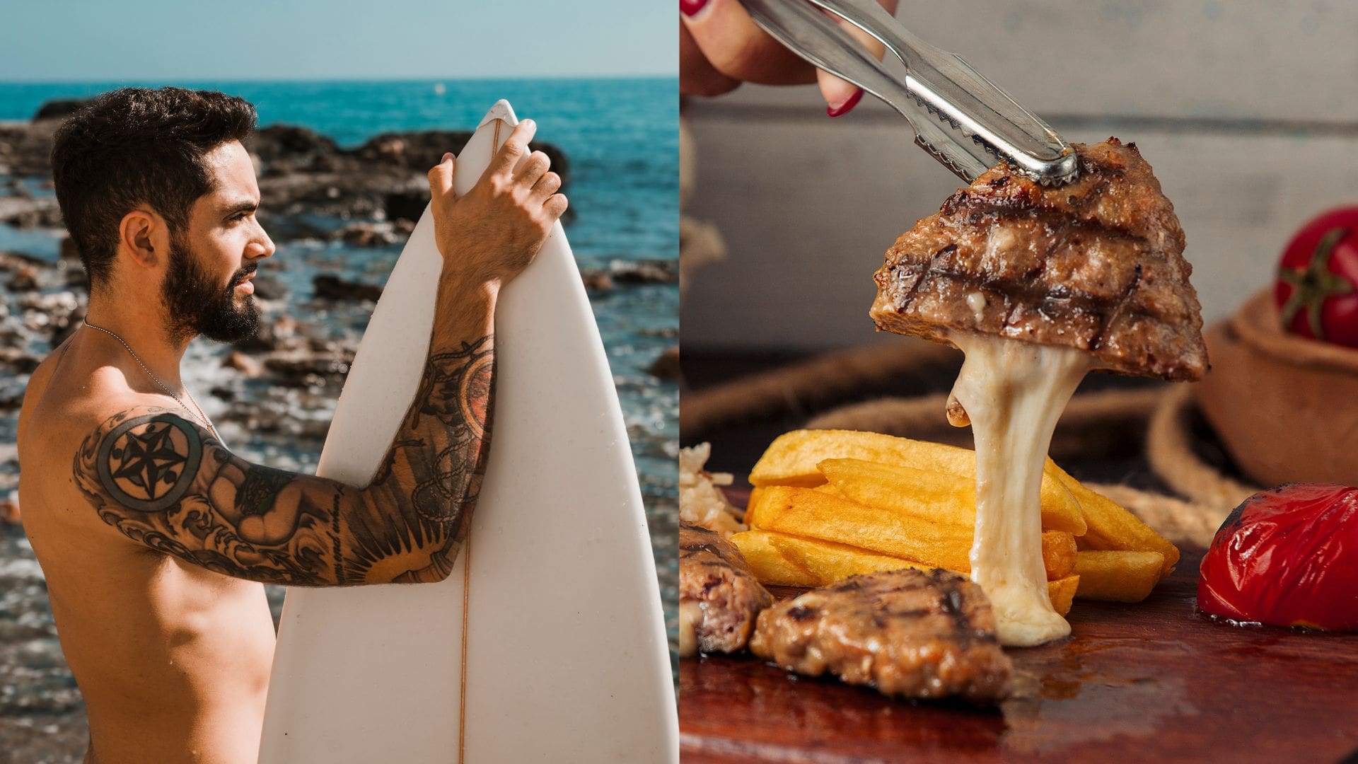 Potetovaný muž so surfom, steak