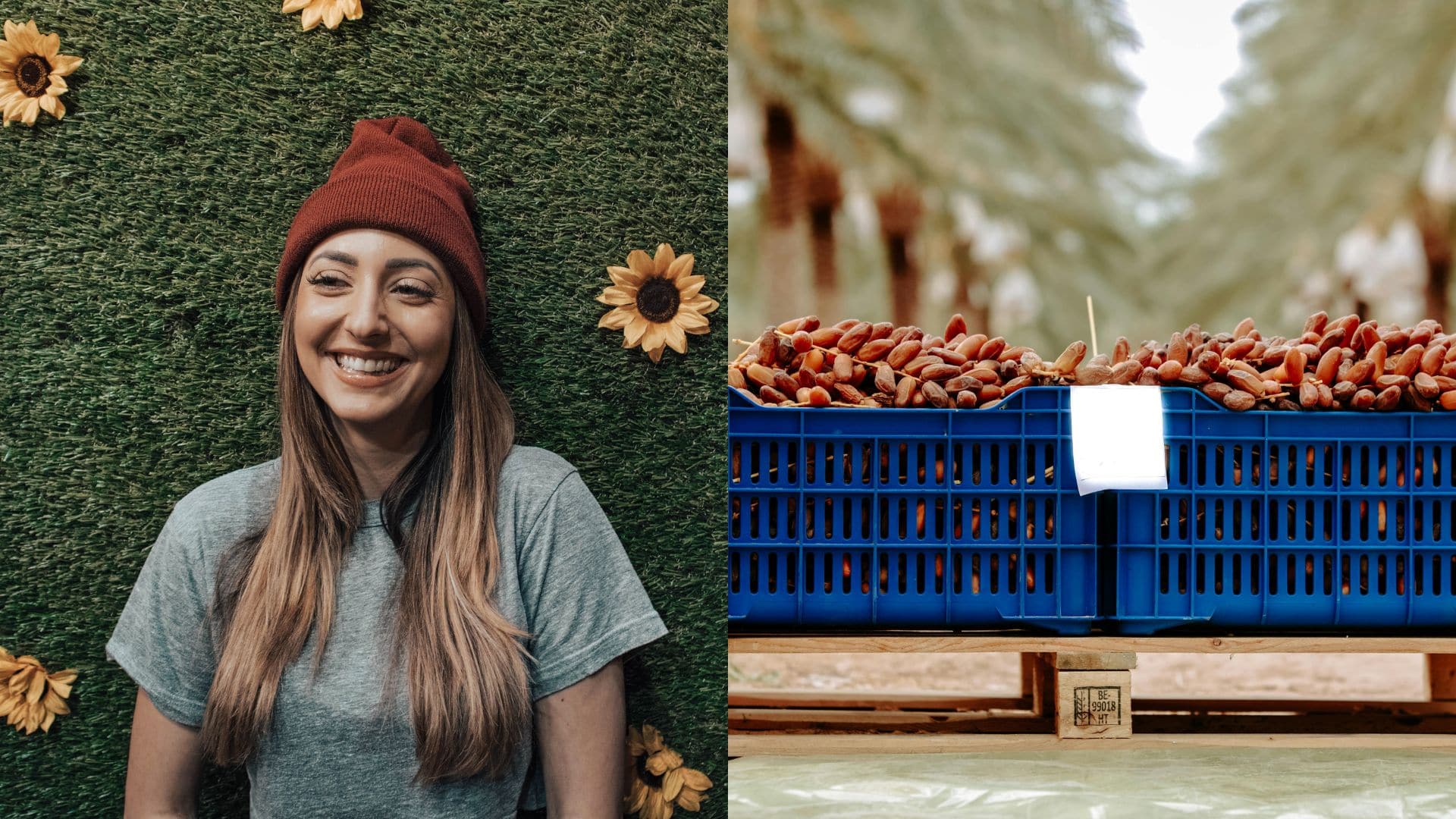 Na snímke šťastná žena a bednička datlí