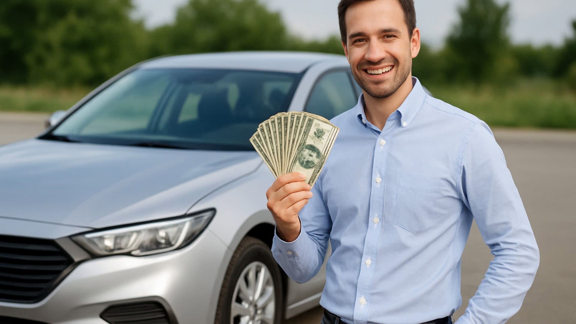 Muž pri aute s peniazmi