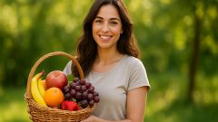 žena s košíkom ovocia