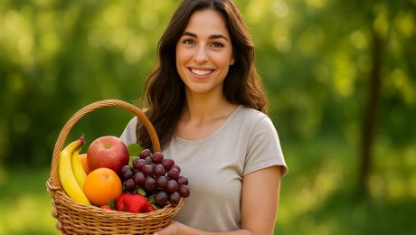 žena s košíkom ovocia