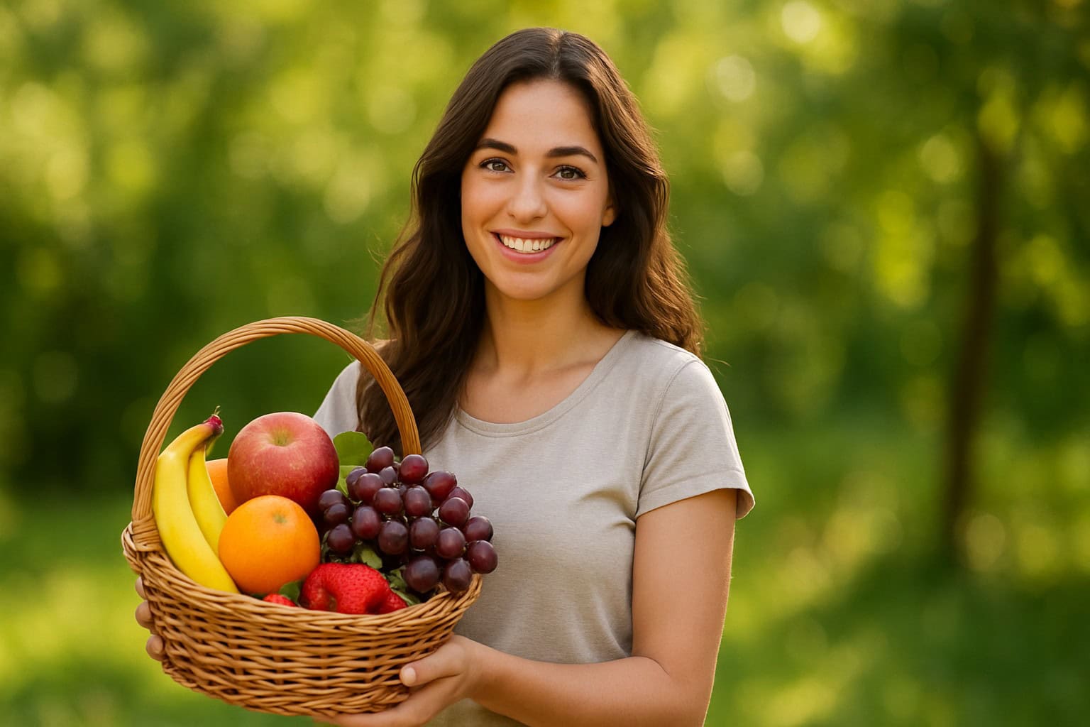 žena s košíkom ovocia