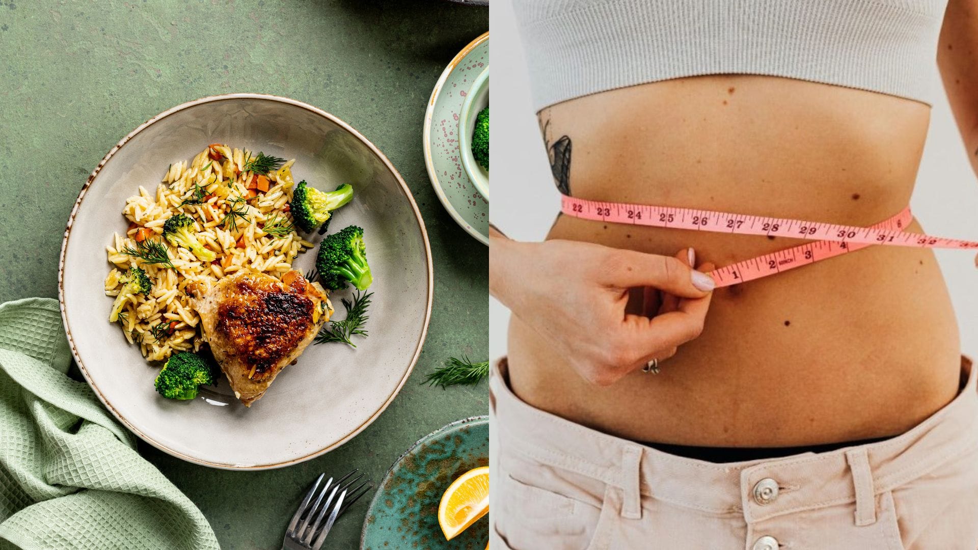 ryža s mäsom a zeleninou, žena si meria pás