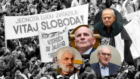 Na snímke archívna fotografia zo 17. novembra 1989 a Fedor Gál, František Mikloško, Milan Kňažko a Martin Bútora.