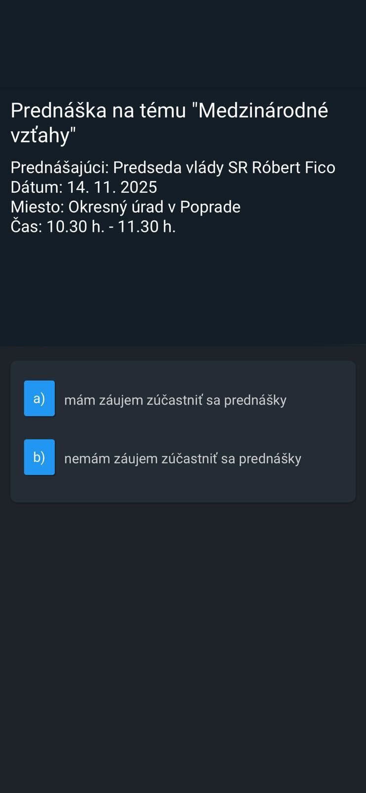 Robert Fico bude prednášať v Poprade