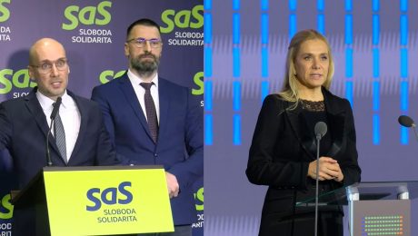 Na snímke Karol Galek a Matián Viskupič z SaS a ministerka hospodárstva Denisa Saková