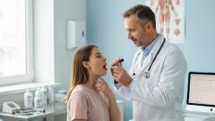 Lekár vyšetruje bolesť hrdla