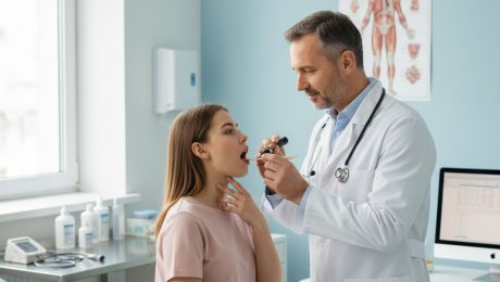 Lekár vyšetruje bolesť hrdla