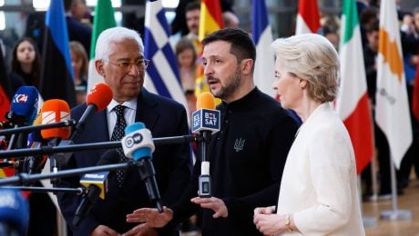 From left, European Council President Antonio Costa, Ukraine's President Volodymyr Zelenskyy and European Commission President Ursula von der Leyen speak with the media as they arrive for an EU Summit at the European Council building in Brussels, Thursday, March 6, 2025.