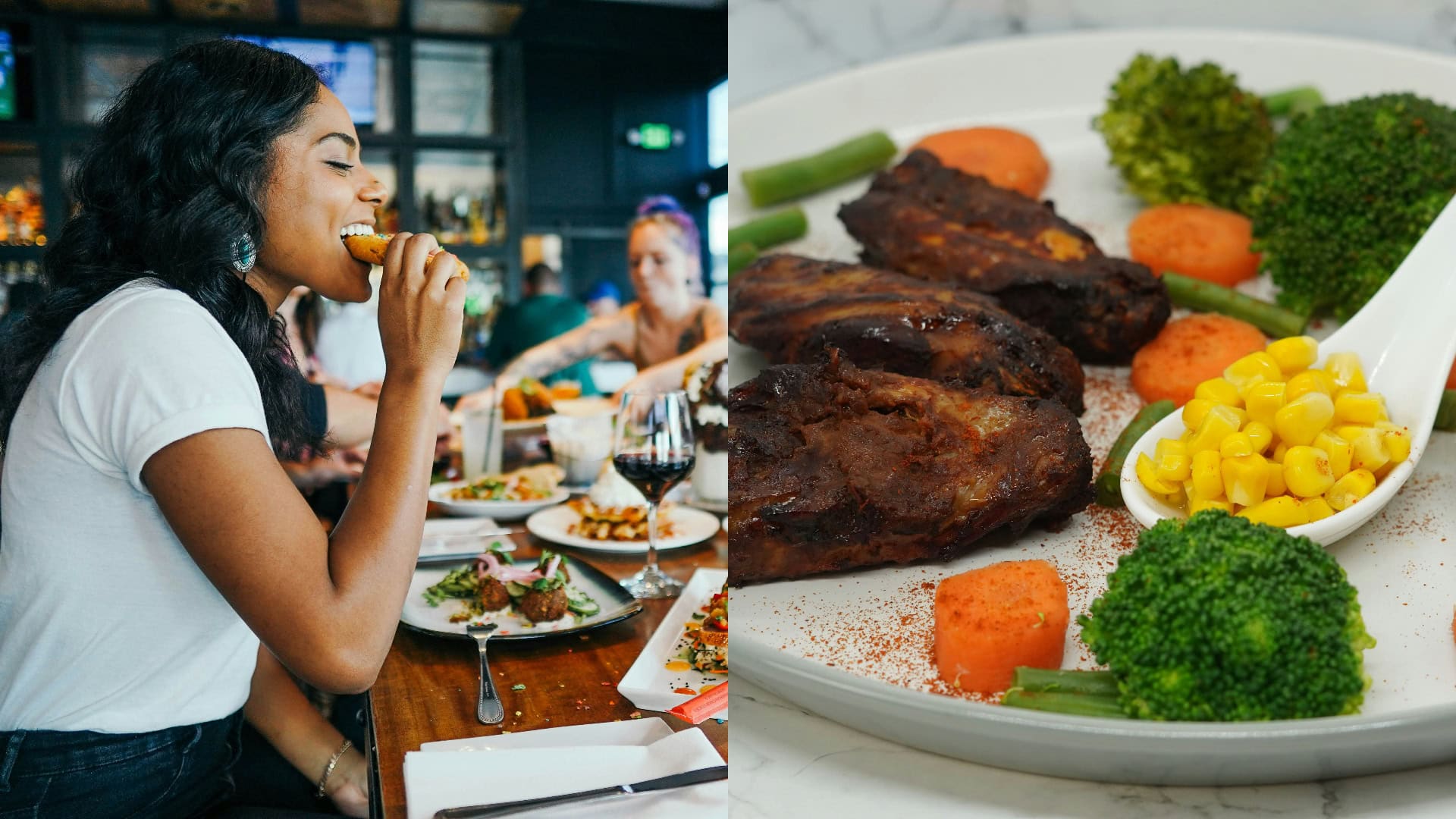 Na fotografii je žena, ktorá konzumuje jedlo a na druhej snímke je jedlo.