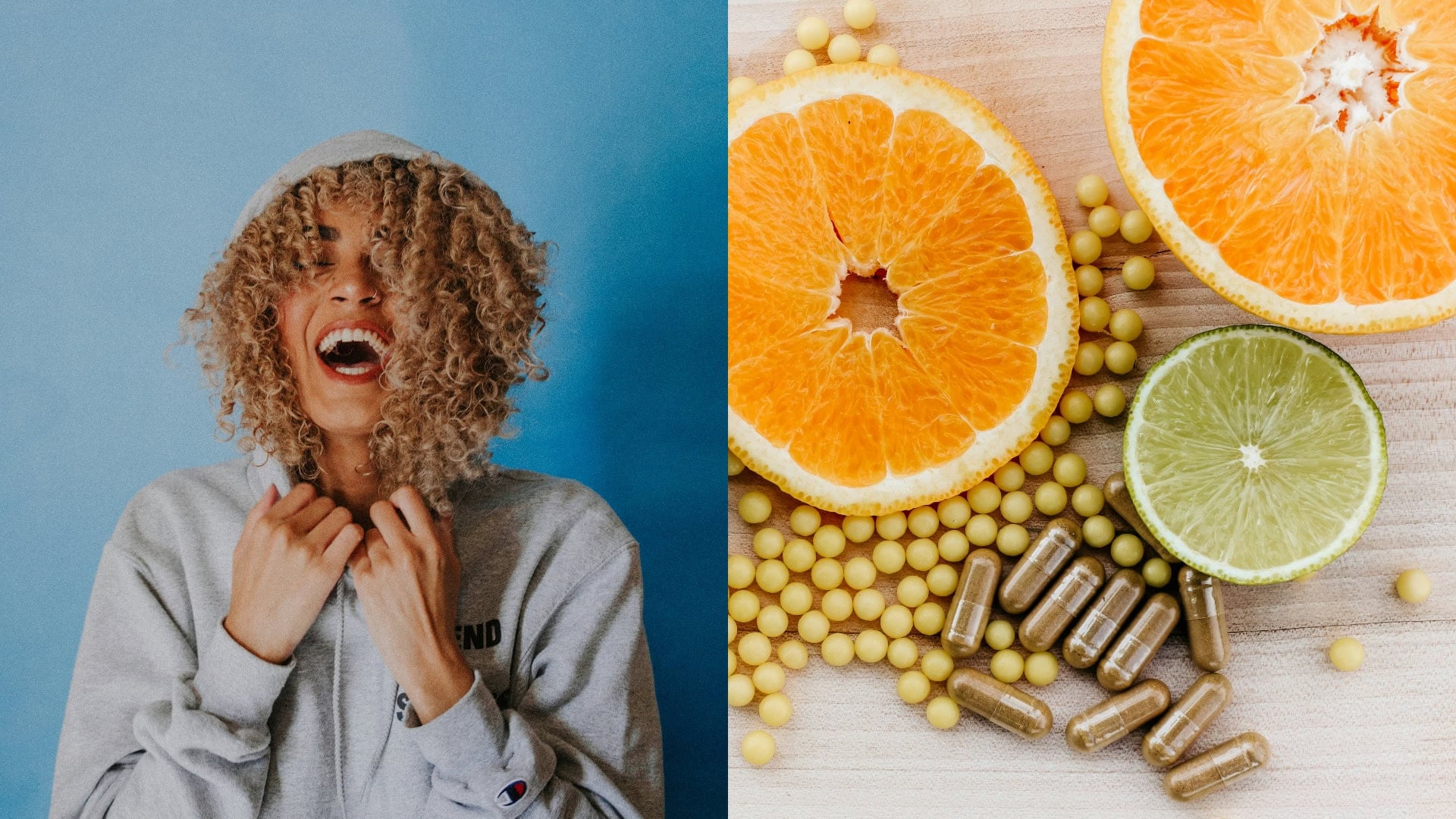 Na snímke je šťastná žena a vitamíny.