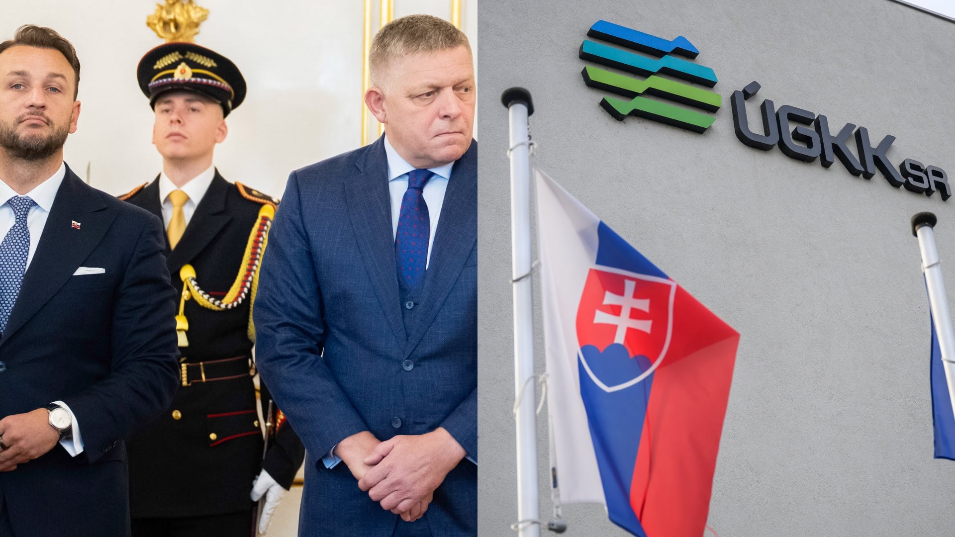 Na snímke sprava premiér a predseda SMER-SD Robert Fico a predseda HLAS-SD a minister vnútra Matúš Šutaj Eštok. Vedľa na na snímke logo na budove Úradu geodézie, kartografie a katastra SR v Bratislave