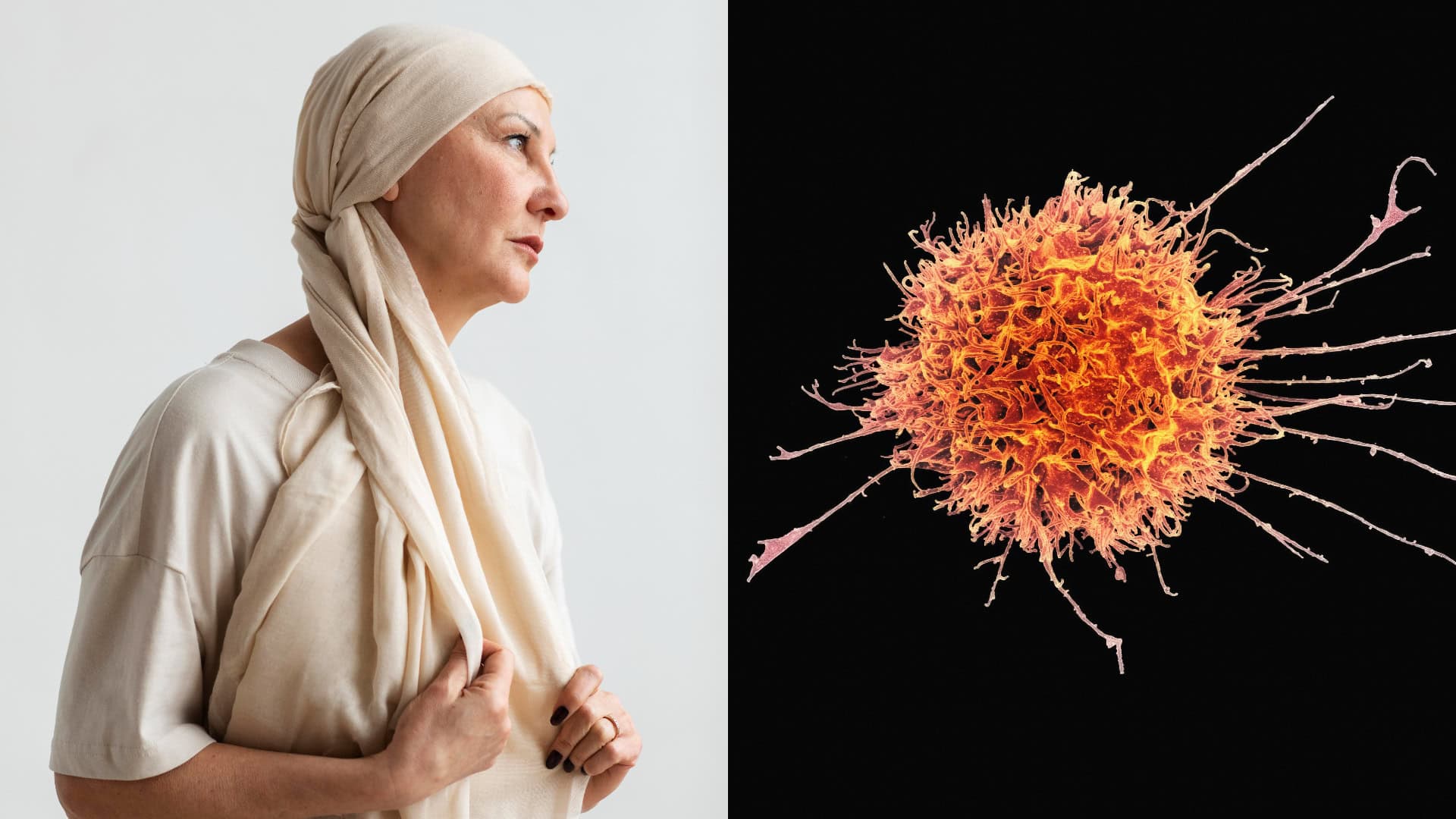 Na snímke je chorá žena a T bunka