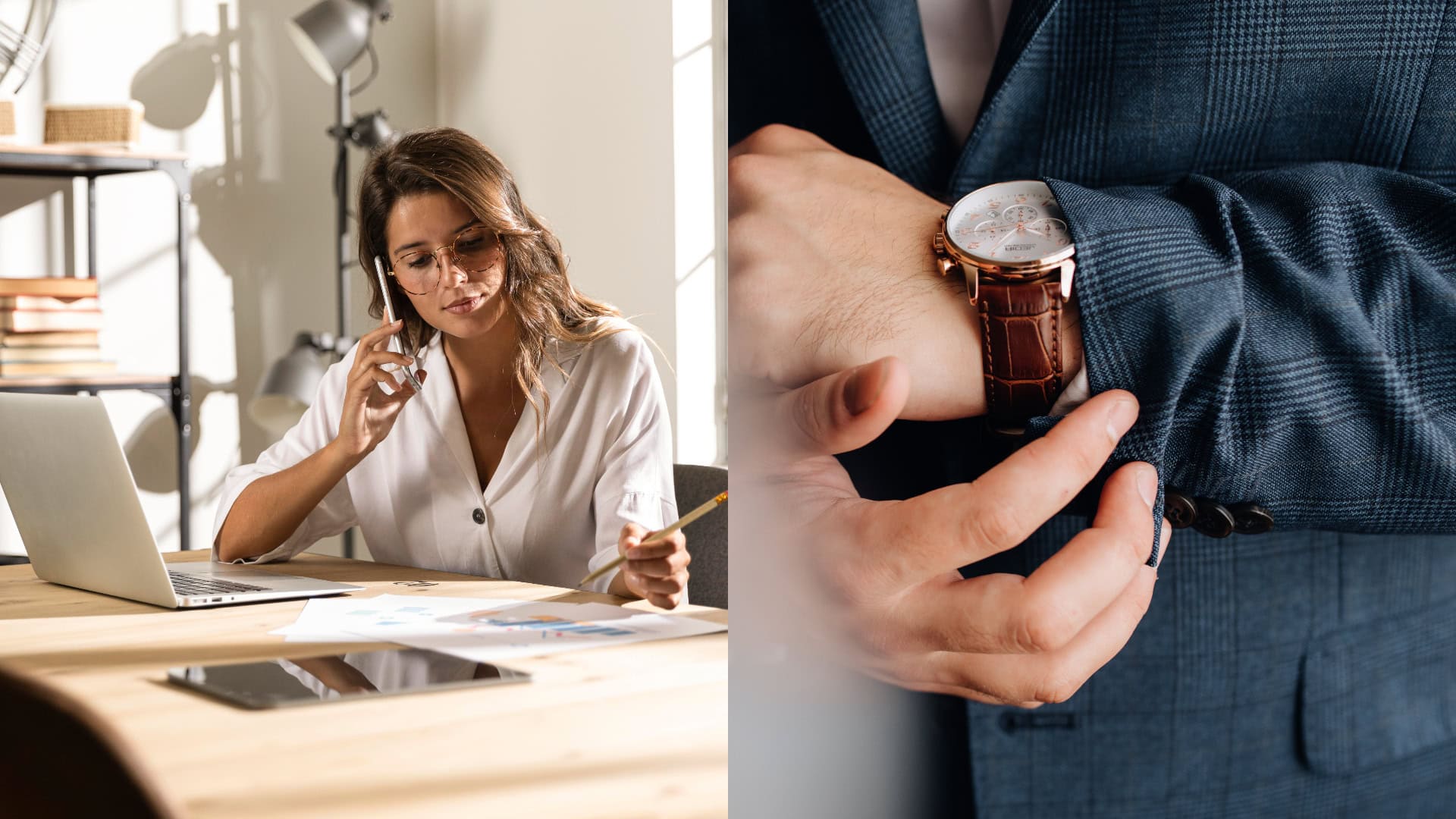 Na snímke pracujúca žena v office a na druhej snímke sú hodinky.