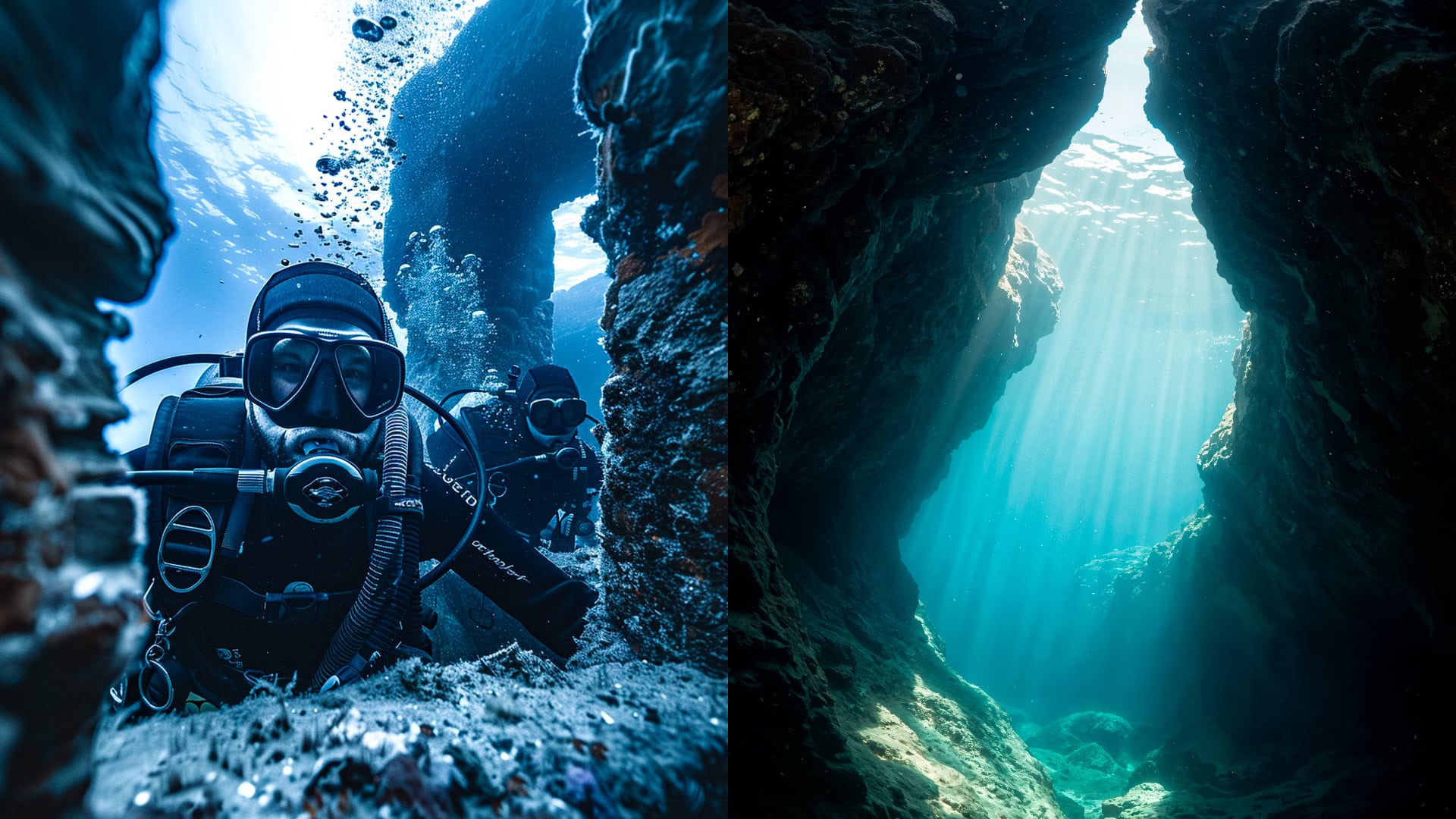Na snímke potapač a podmorská jaskyňa.