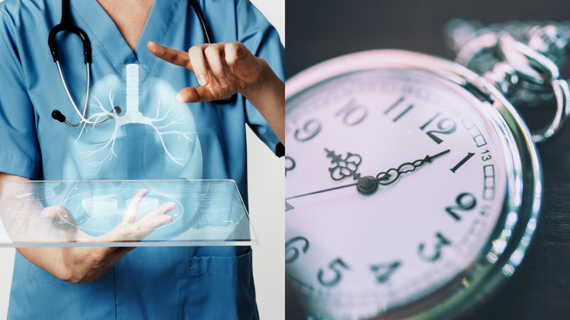 Na snímkach doktor ukazujúci na pľúca a hodinky.