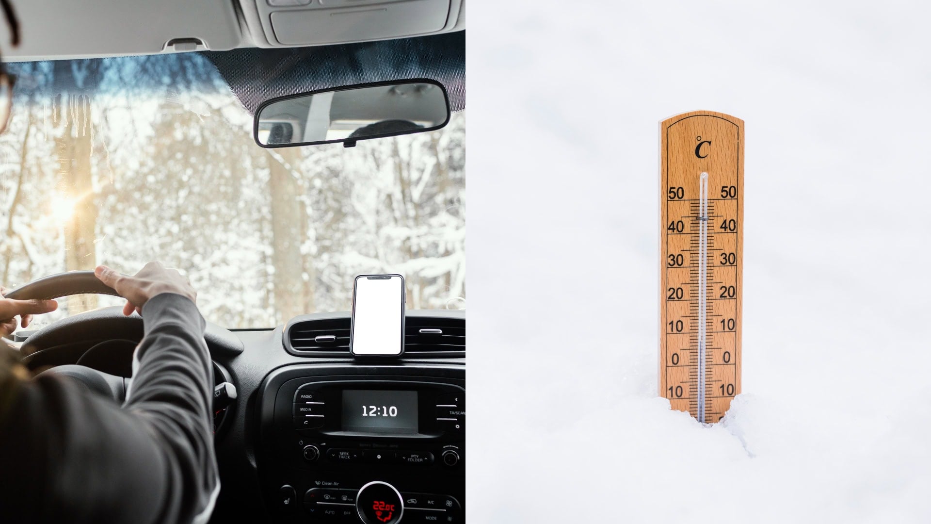 Na obrázku interiér auto v zime a teplomer.