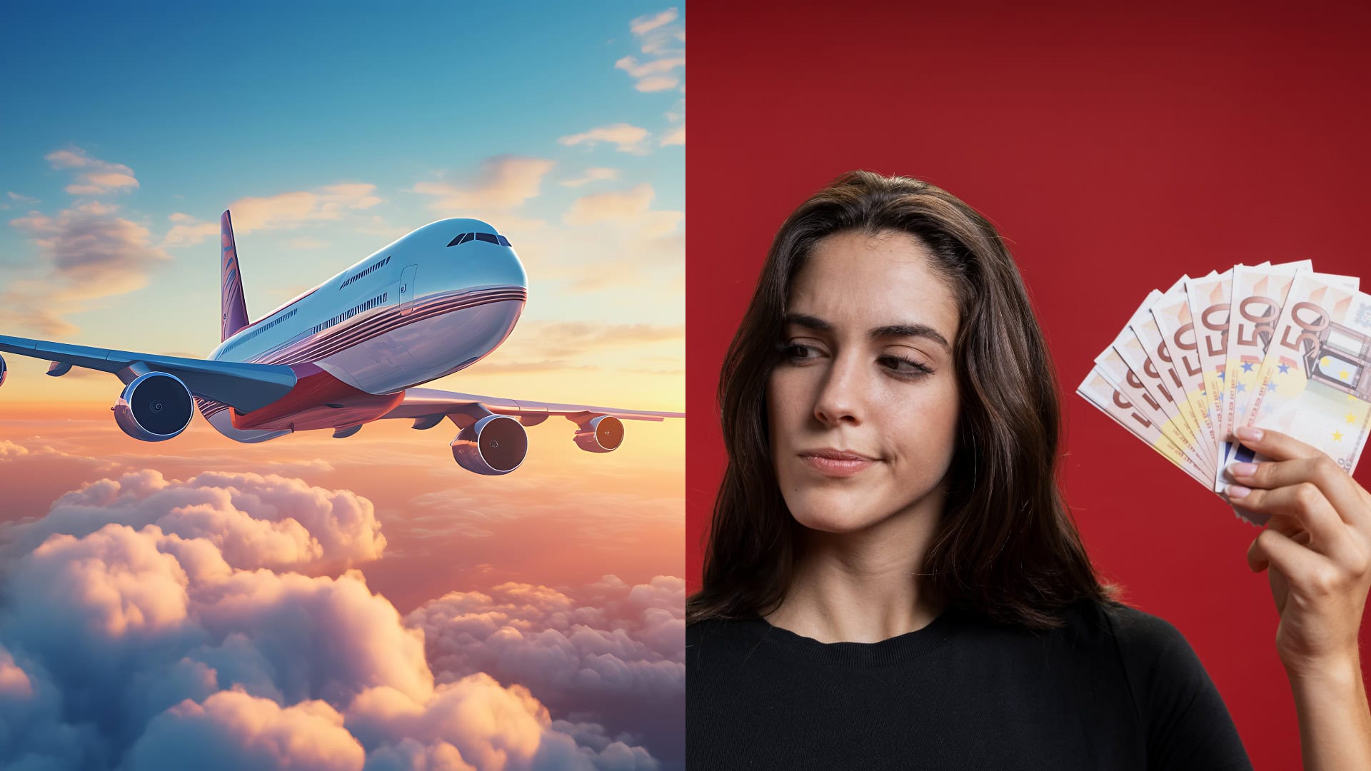 Na snímkach je lietadlo a žena, ktorá drží peniaze.