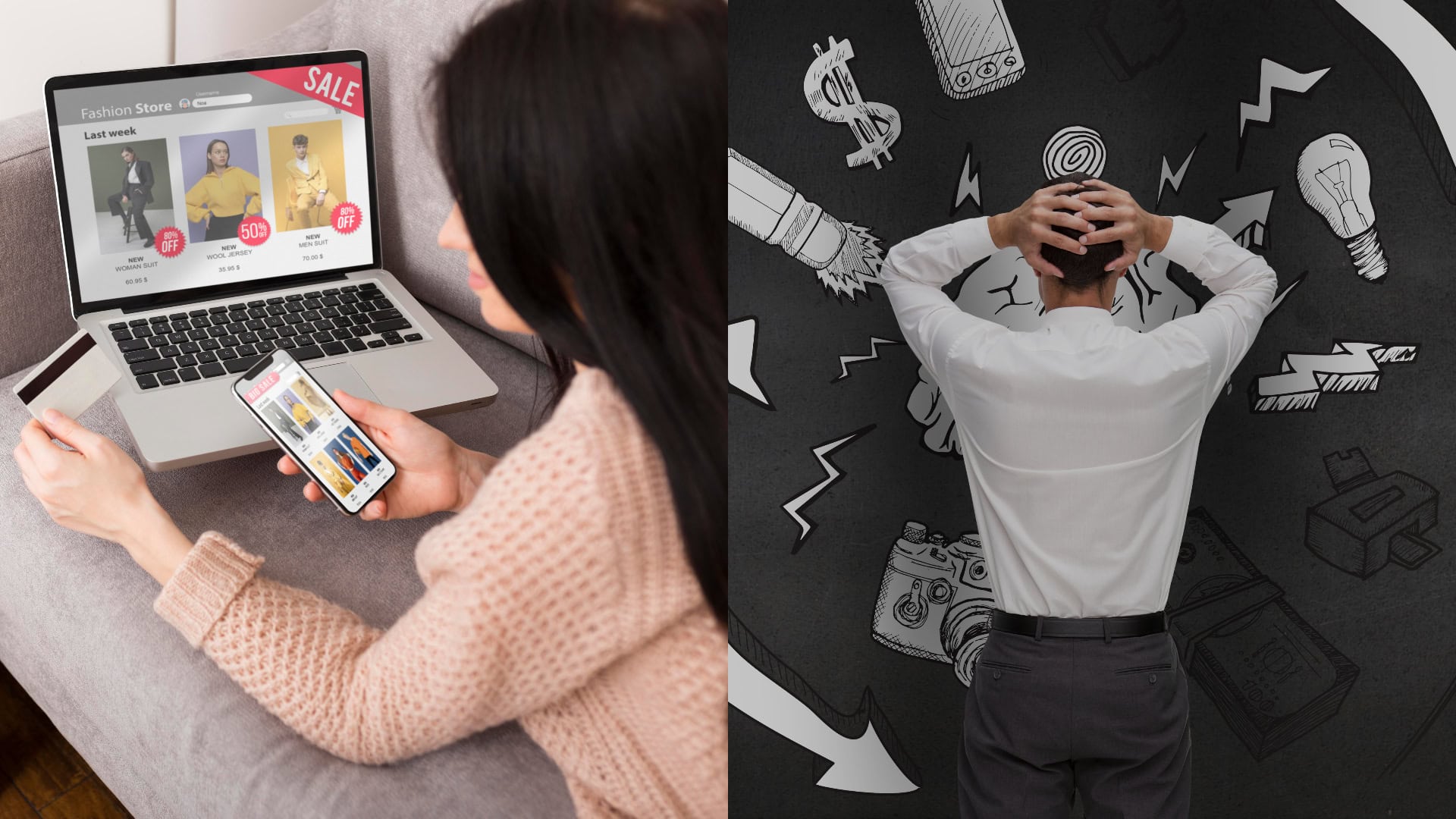 Na snímke žena, ktorá nakupuje online a muž, ktorý je v strese.