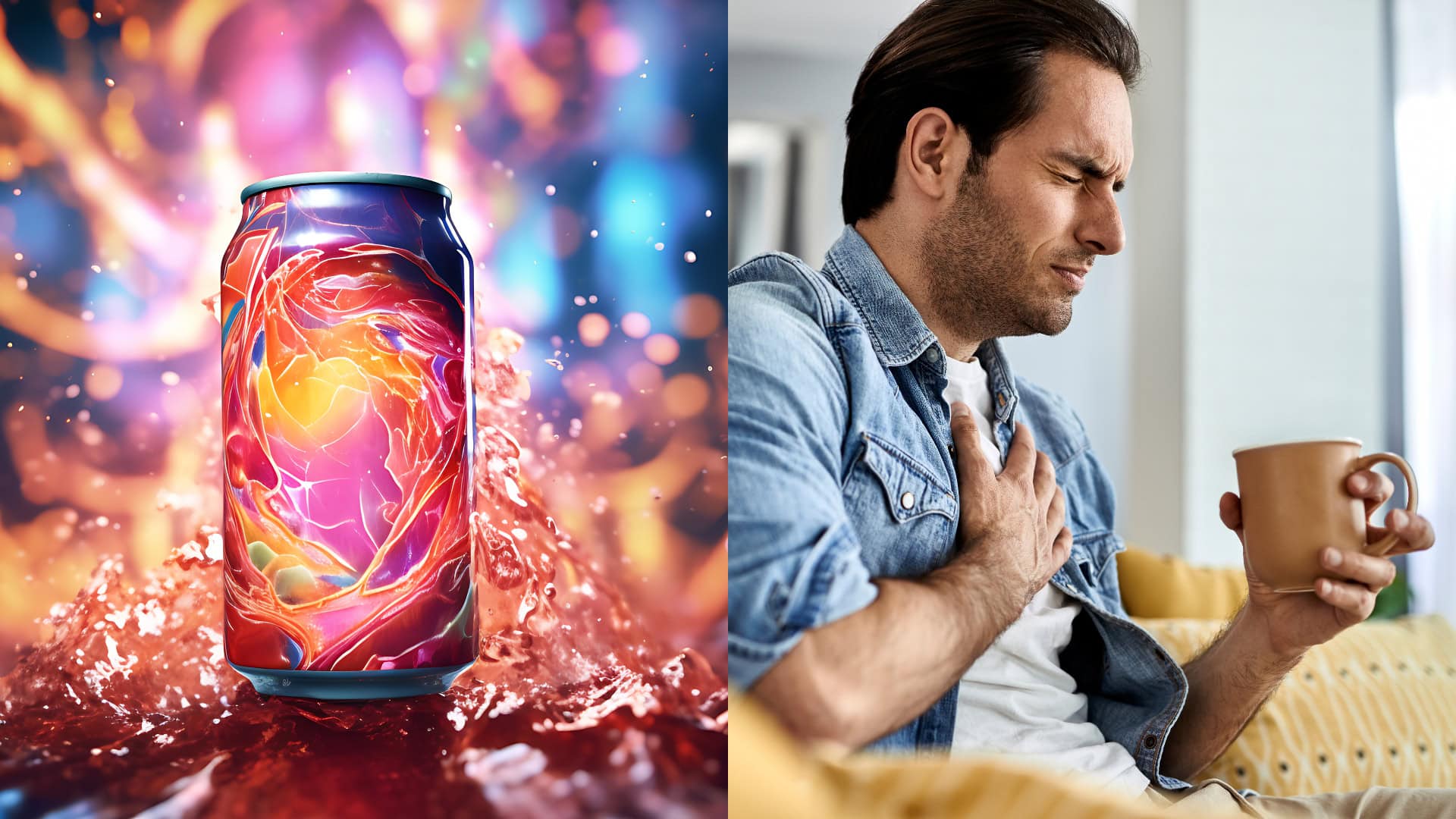 Na snímkach energetický nápoj a muž, ktorý sa chytá za srdce.