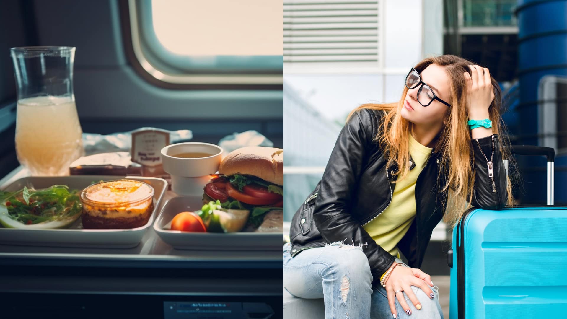 Na snímke jedlo v lietadle a žena s kufrom.