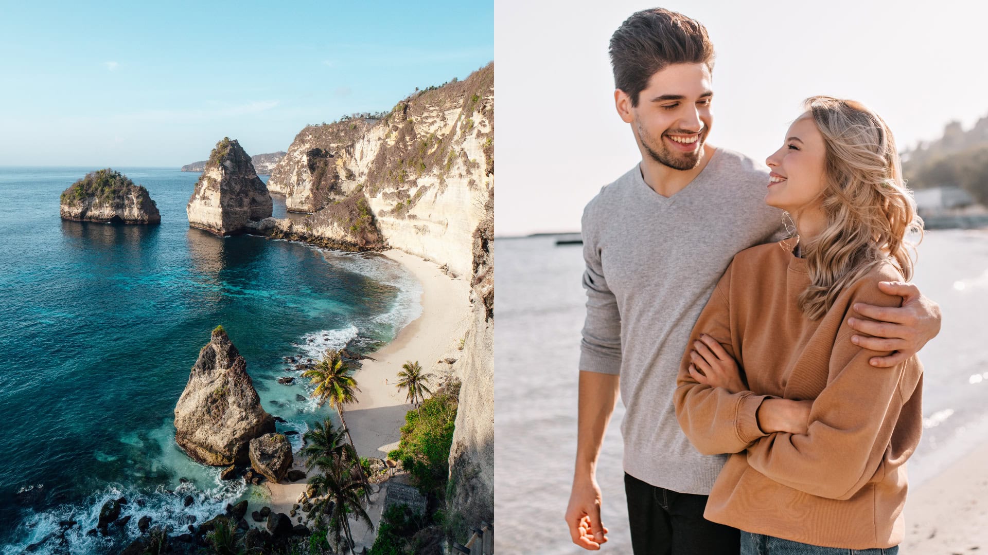 Na snímkach ostrov Bali a pár muža a ženy.