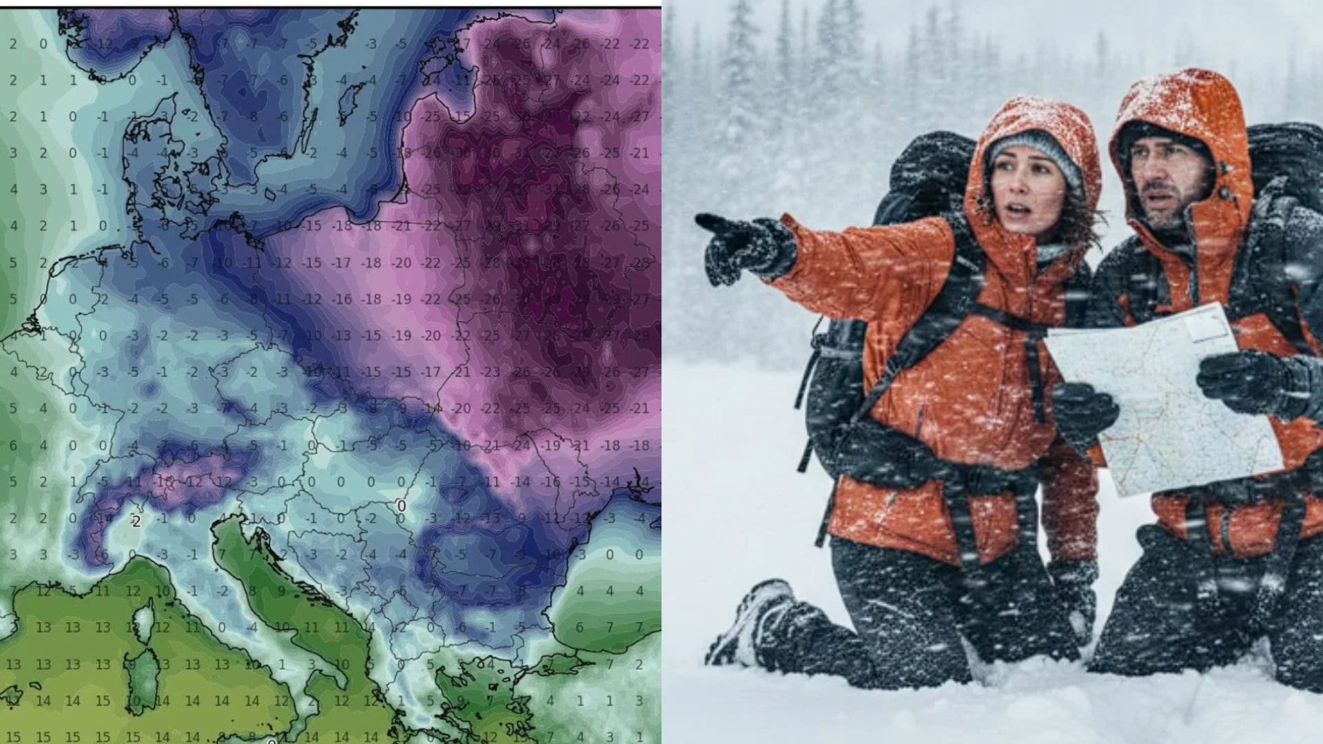 Na snímke graf počasia a ľudia v snehu.