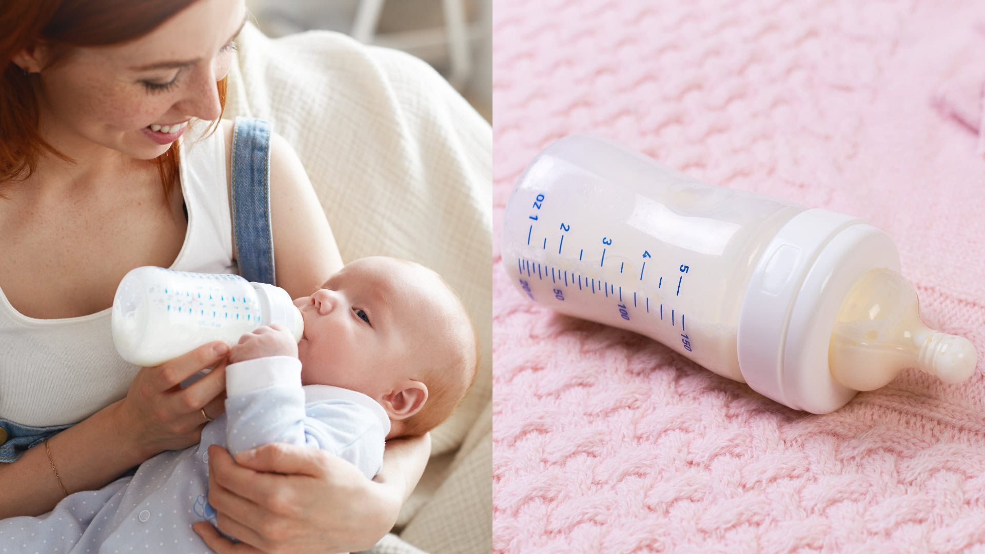 Na snímke žena, ktorá kŕmi batoľa a fľaša s výživou.