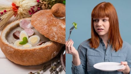 Na snímke polievka v bochníku a znechutená žena.
