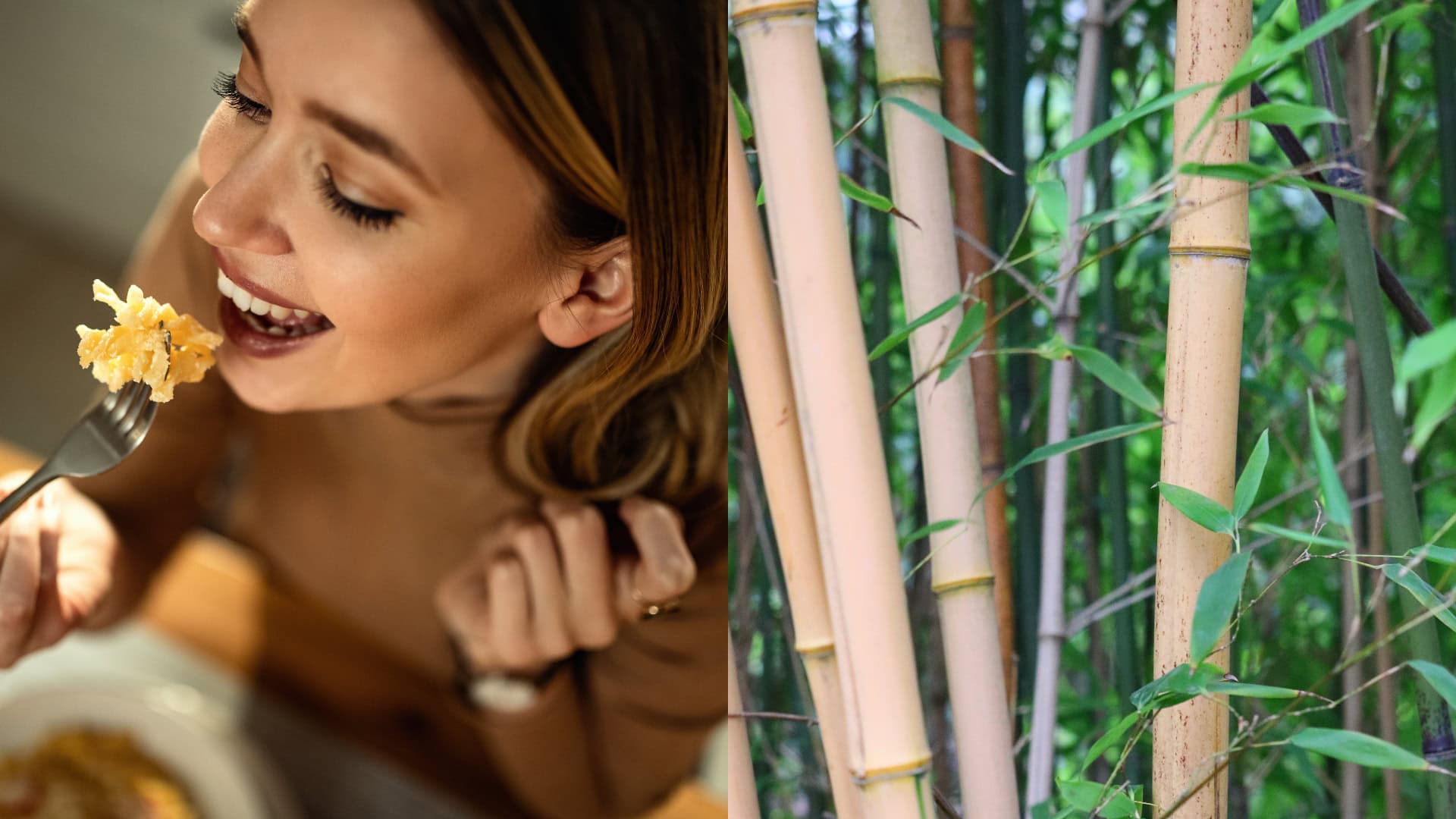 Na snímke žena, ktorá konzumuje jedlo a na ďalšej snímke je bambus.
