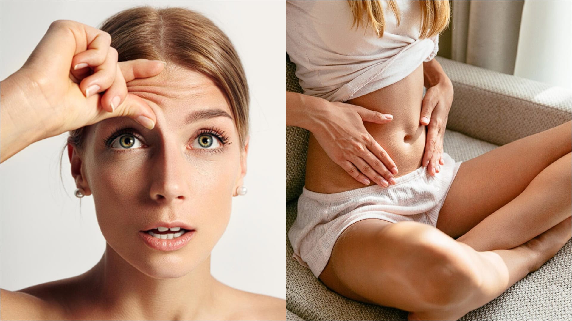 Na snímke žena, ktorá si chytá vrásky na čele. Na druhej snímke sa zena drží za brucho.