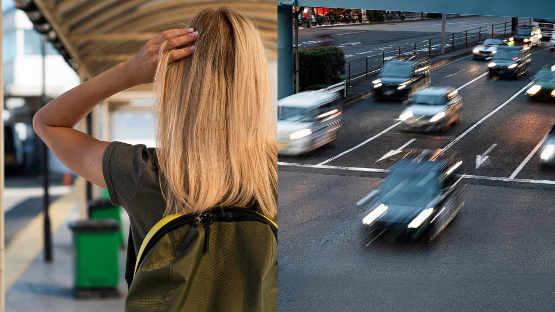 Na snímke žena a autá na ceste.