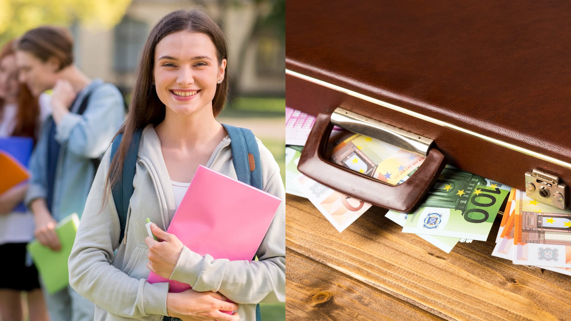 Na snímke študenti VŠ a na druhej snímke peniaze v kufríku.