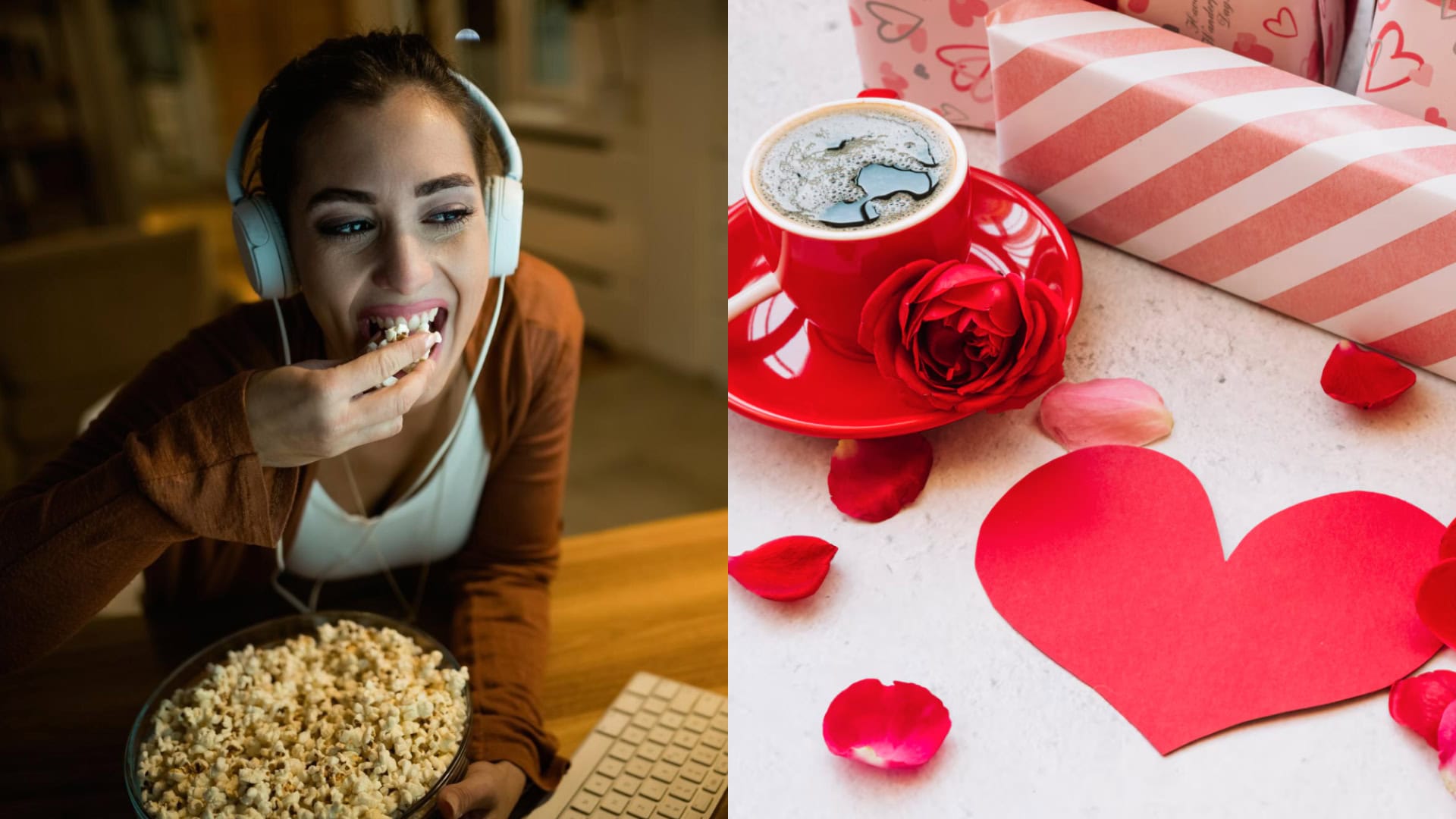 Na snímke žena, ktorá pozerá film a valentínske ozdoby.