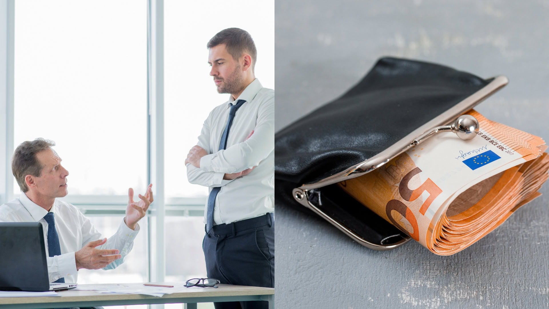 Na snímke zamestnanec so šéfom, na druhej snímke sú peniaze.