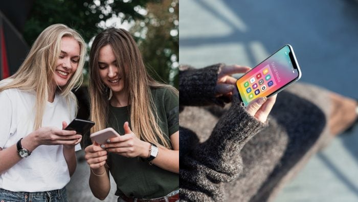 Na snímke tínedžerky s telefónmi v ruke. Na druhej snímke obrazovka telefónu.