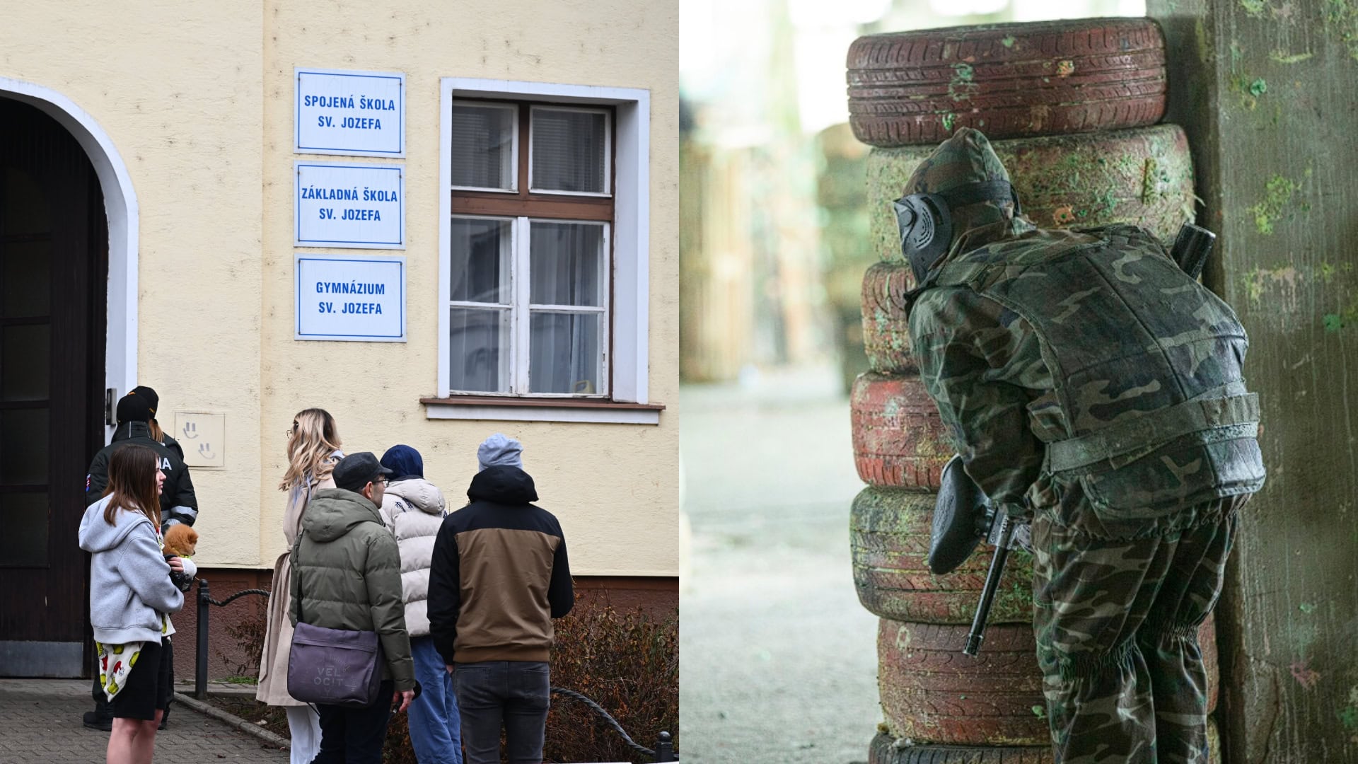 Na snímke policjat a ďalšie osoby stoja po streľbe pred Spojenou školou sv. Jozefa. Na druhej snímke hráč airsoftu.