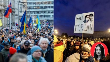 Na snímke zhromaždenie ku 4. výročiu vojny na Ukrajine a 8. rokov od vraždy Jána Kuciaka a Martiny Kušnírovej.